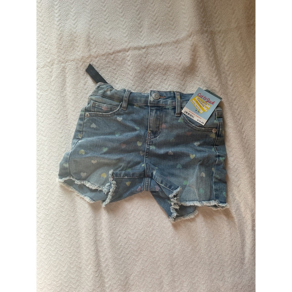 Cat & Jack Girls Medium Wash Denim Shorts‎ Colorful Hearts Adjustable Waist